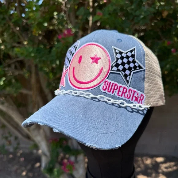 New Custom Blue Denim Cap with Smiley and Star Patches - Picture 3 of 4